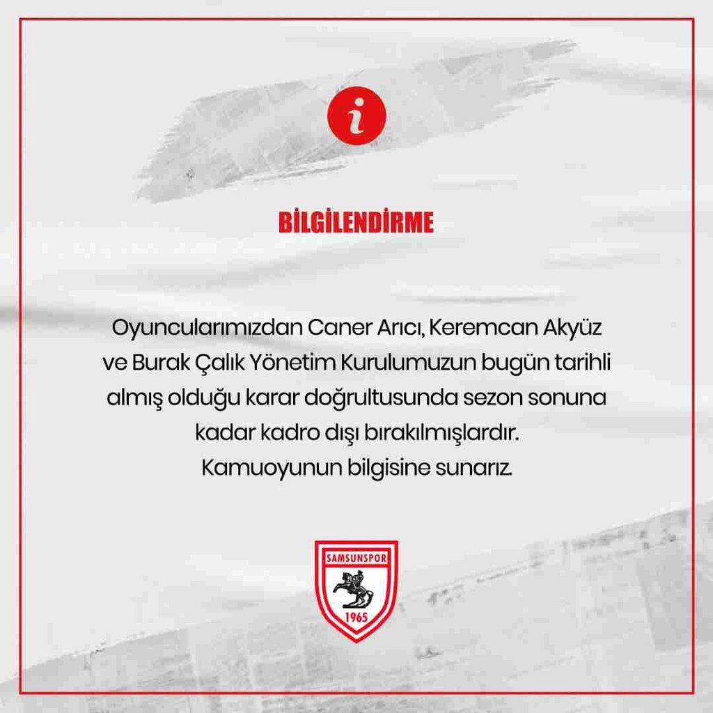 Samsunspor'da 3 Oyuncu Kadro Dışı Bırakıldı