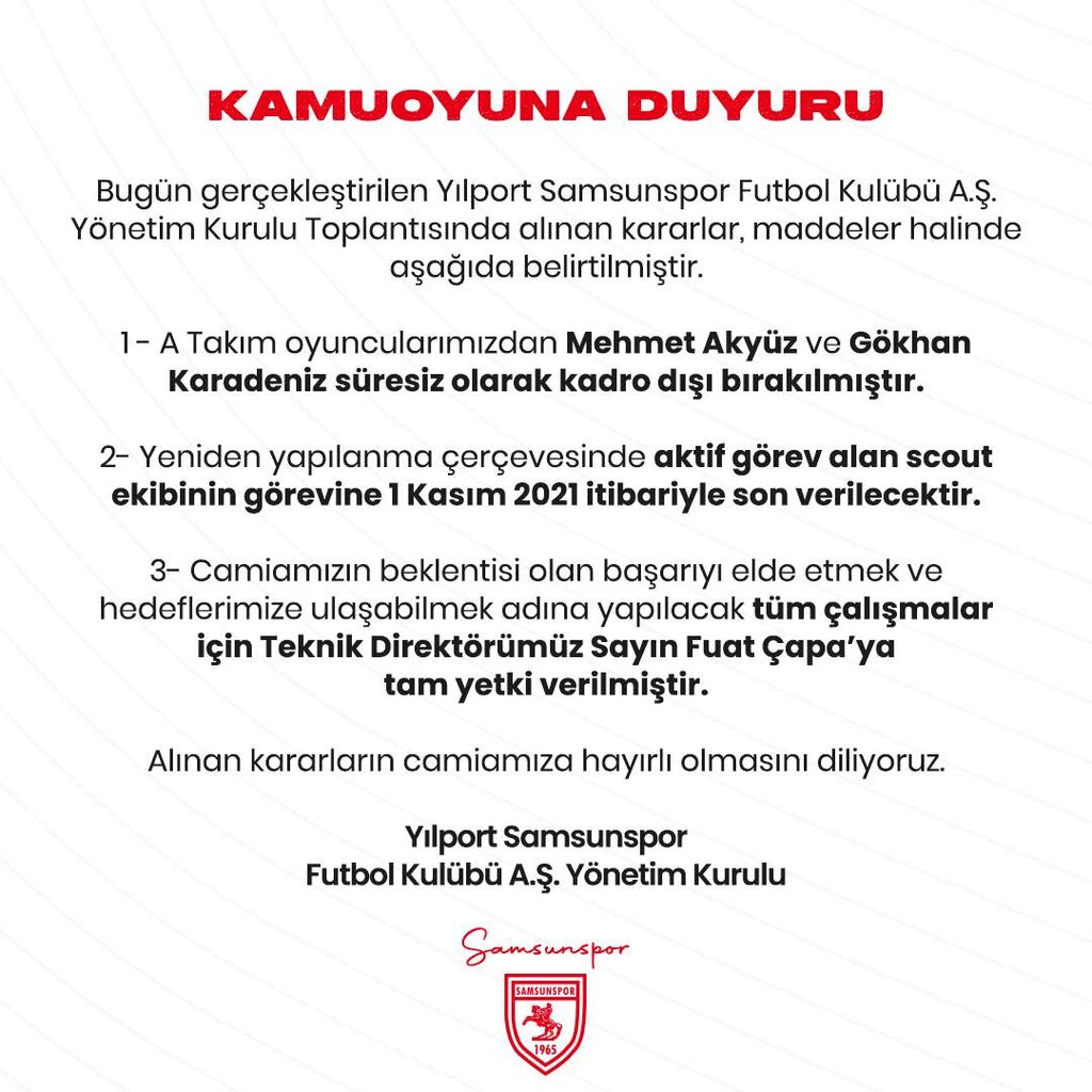 Yılport Samsunspor'da Mehmet Akyüz ve Gökhan Karadeniz Kadro Dışı!