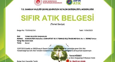 Terme Belediyesi 'Sıfır Atık Belgesi' Aldı